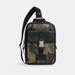 Coach Men's Camouflage Track Pack Green Backpack Leather Canvas Sling Bag $398